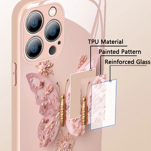 Carcasă plată din sticlă cu model fluture 3D, compatibilă cu iPhone