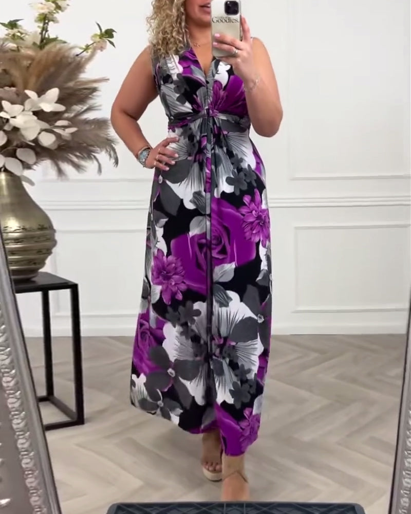 💗Rochie elegantă plisată cu imprimeu floral fără mâneci