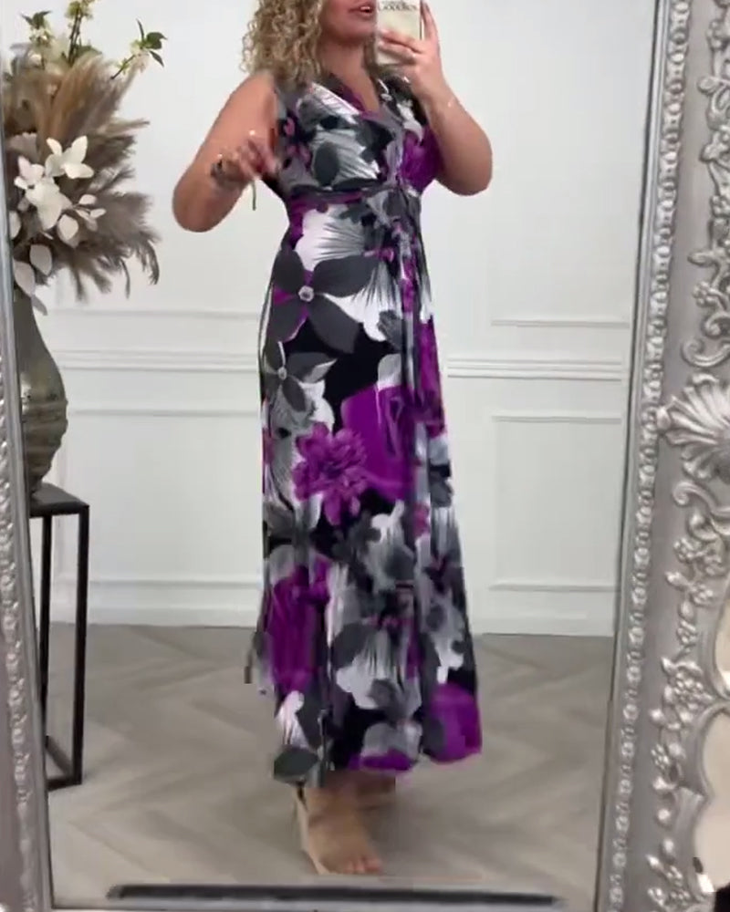 💗Rochie elegantă plisată cu imprimeu floral fără mâneci