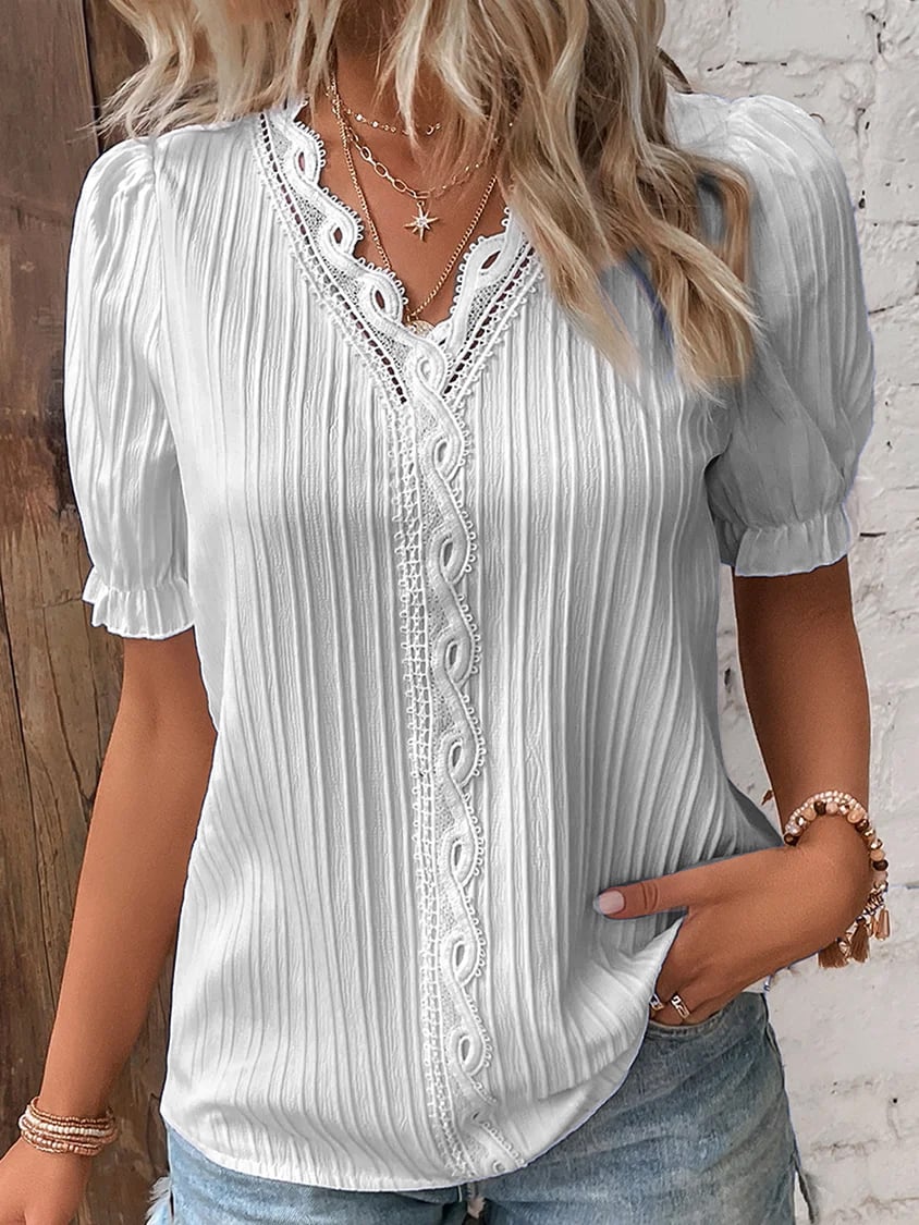 (🎁2024 Anul Nou Hot Sale🎁)Stoc limitat🔥V Neck Plain Lace Elegant Shirt（Buy 2 Free Shipping）