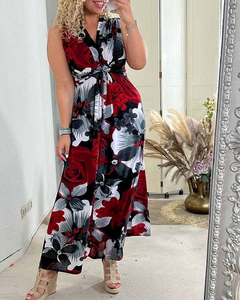 💗Rochie elegantă plisată cu imprimeu floral fără mâneci