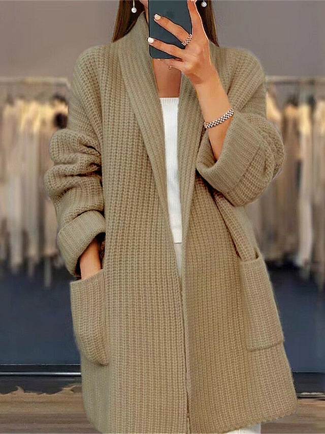 Cardigan de damă Pulover Tricotat cu nervuri în față deschisă Acrilic Buzunar Toamnă Iarnă Lung Zilnic Ieșiri Weekend Elegant Casual Moale Mânecă lungă Culoare uni Roz Camel Bej S M L