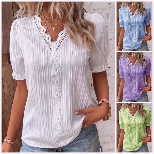 (🎁2024 Anul Nou Hot Sale🎁)Stoc limitat🔥V Neck Plain Lace Elegant Shirt（Buy 2 Free Shipping）