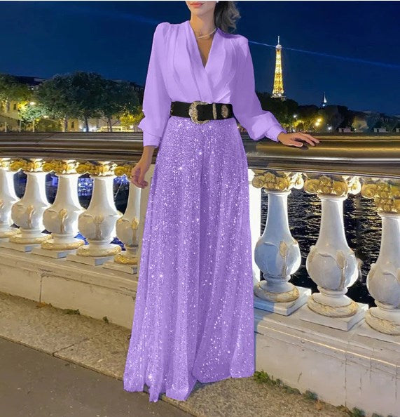 Bluză elegantă cu mânecă lungă și decolteu în V și pantaloni largi de salopetă cu paiete