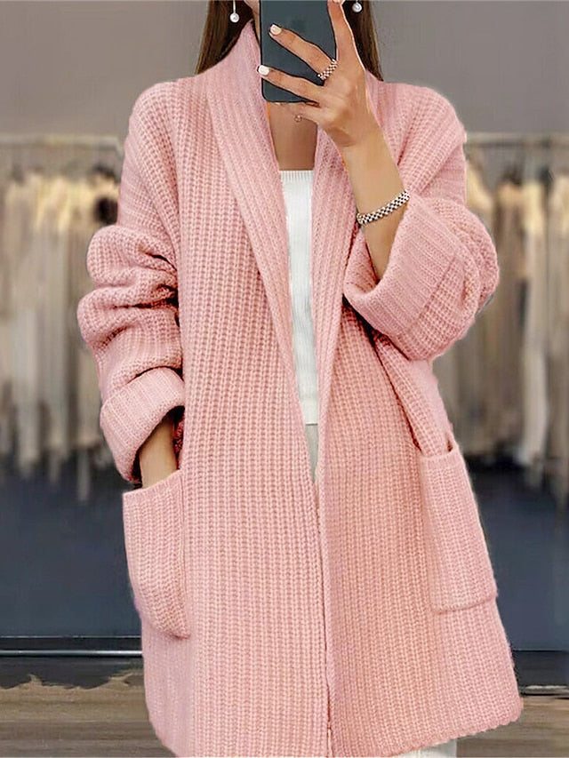 Cardigan de damă Pulover Tricotat cu nervuri în față deschisă Acrilic Buzunar Toamnă Iarnă Lung Zilnic Ieșiri Weekend Elegant Casual Moale Mânecă lungă Culoare uni Roz Camel Bej S M L