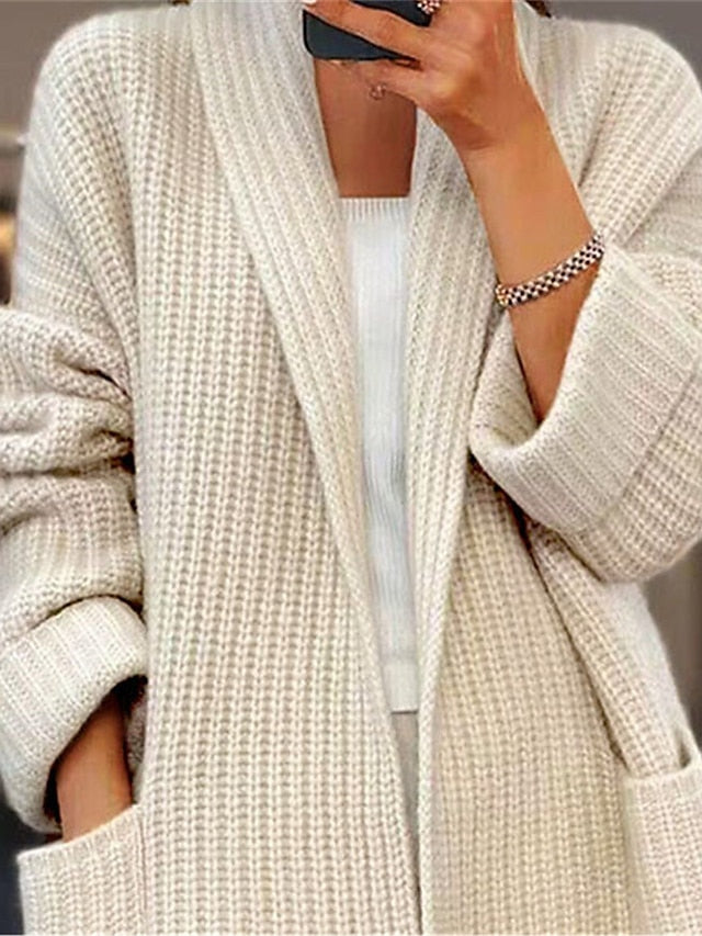 Cardigan de damă Pulover Tricotat cu nervuri în față deschisă Acrilic Buzunar Toamnă Iarnă Lung Zilnic Ieșiri Weekend Elegant Casual Moale Mânecă lungă Culoare uni Roz Camel Bej S M L