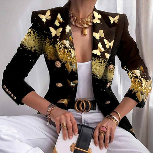 Autumn Office Lady Elegant Butterfly Print Blazer Coat Fashion Turn-Down Collar Women Outerwear Spring Casual Long Sleeve Jacket