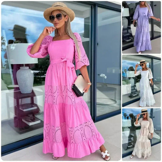 🎊2024 Produse noi👗Rochie lungă de damă la modă cu cravată în talie și decolteu pătrat-TAB