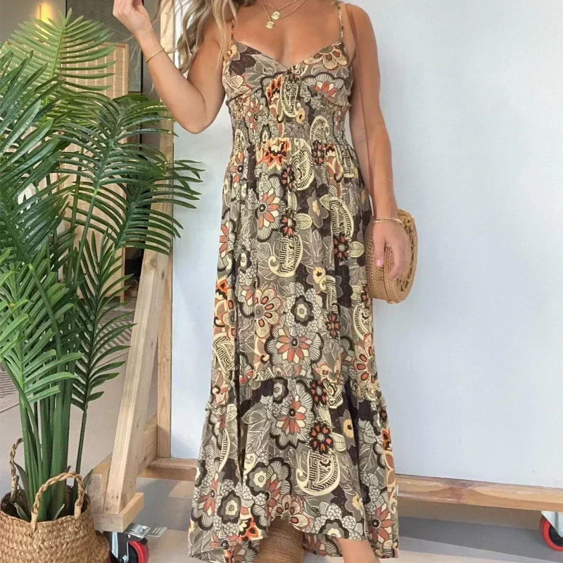 💕Rochie lungă de damă cu bretele spaghetti cu imprimeu floral-TAB