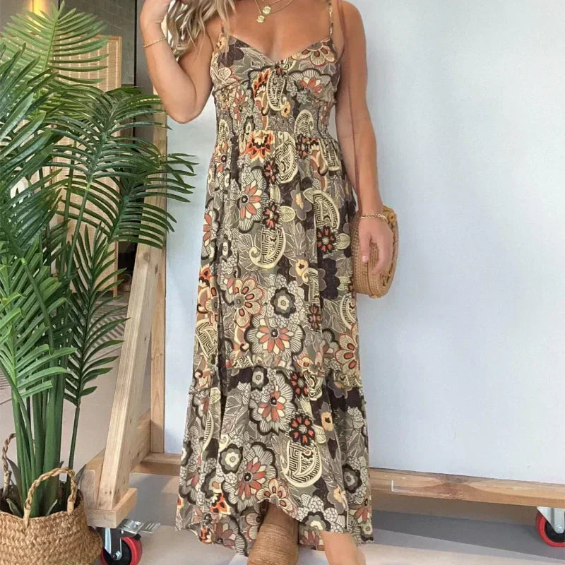 💕Rochie lungă de damă cu bretele spaghetti cu imprimeu floral-TAB