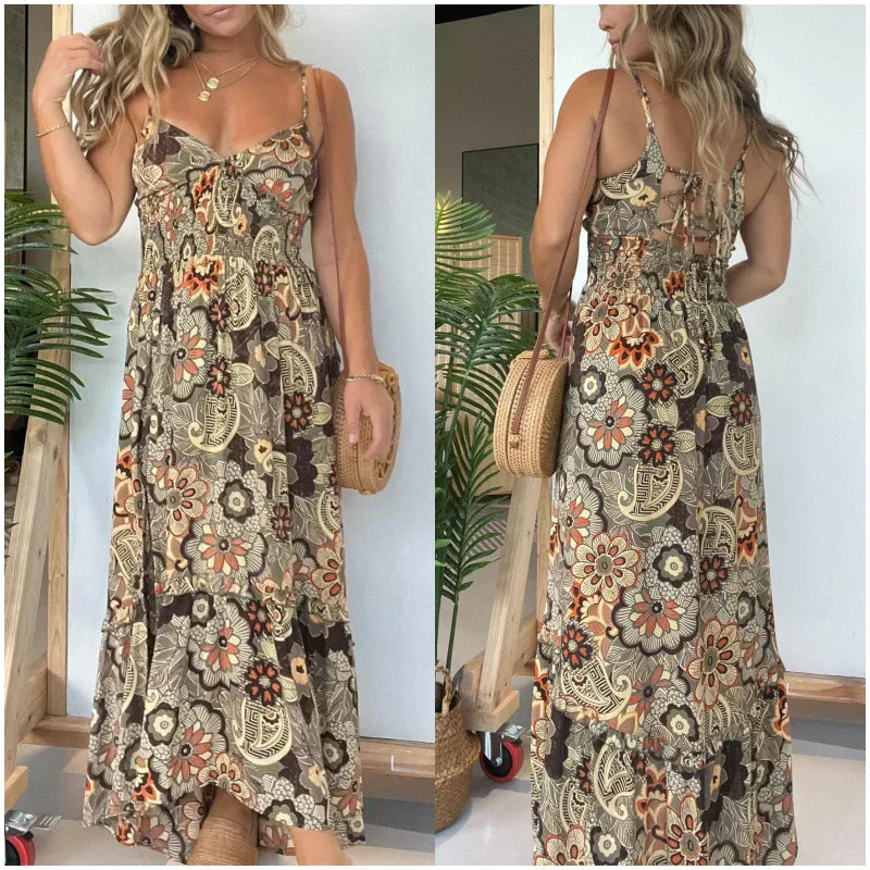 💕Rochie lungă de damă cu bretele spaghetti cu imprimeu floral-TAB