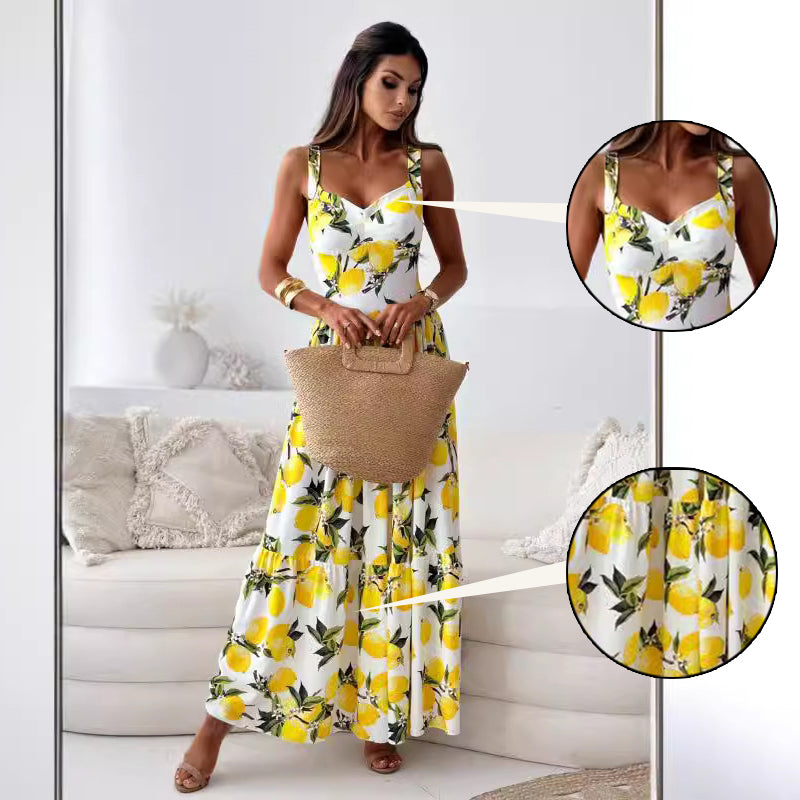 🍋Rochie de damă elegantă cu imprimeu lămâie cu bretele spaghetti, lungă fluidă