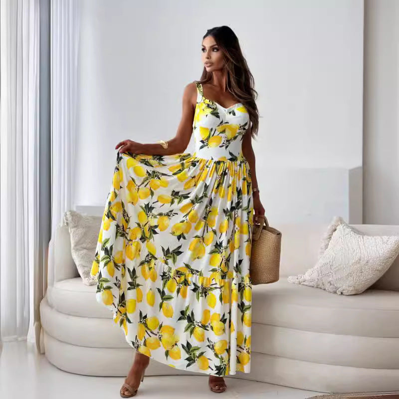 🍋Rochie de damă elegantă cu imprimeu lămâie cu bretele spaghetti, lungă fluidă