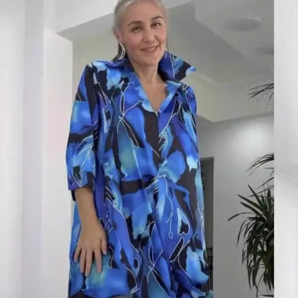 🌟Rochie cămașă la modă, cu guler cu rever și imprimeu cu decolteu în V