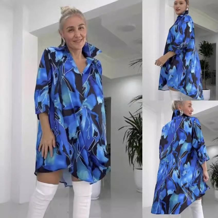 🌟Rochie cămașă la modă, cu guler cu rever și imprimeu cu decolteu în V