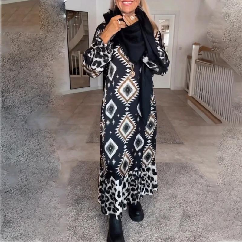 Rochie boemă casual imprimată cu mânecă lungă