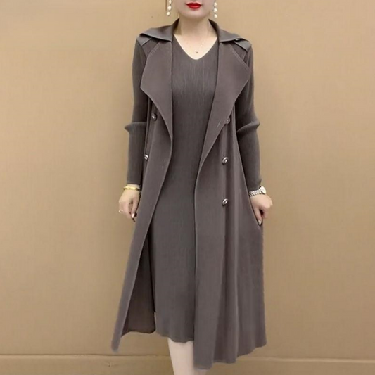 Moda costum plisat Faux guler două piese Trench Coat