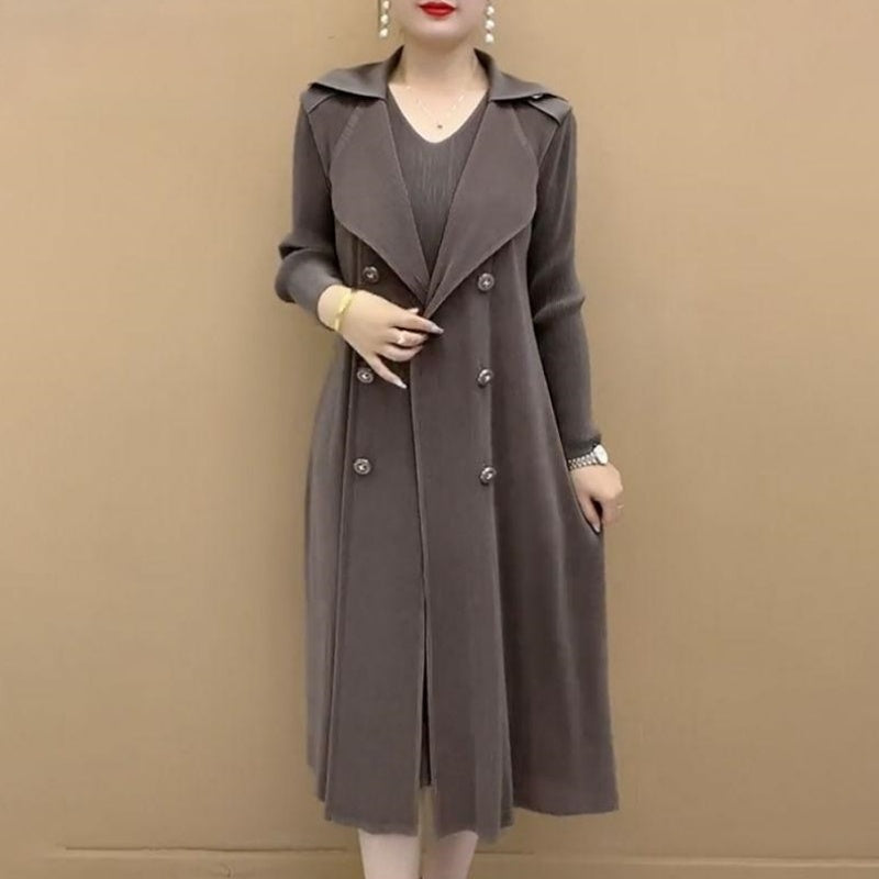 Moda costum plisat Faux guler două piese Trench Coat