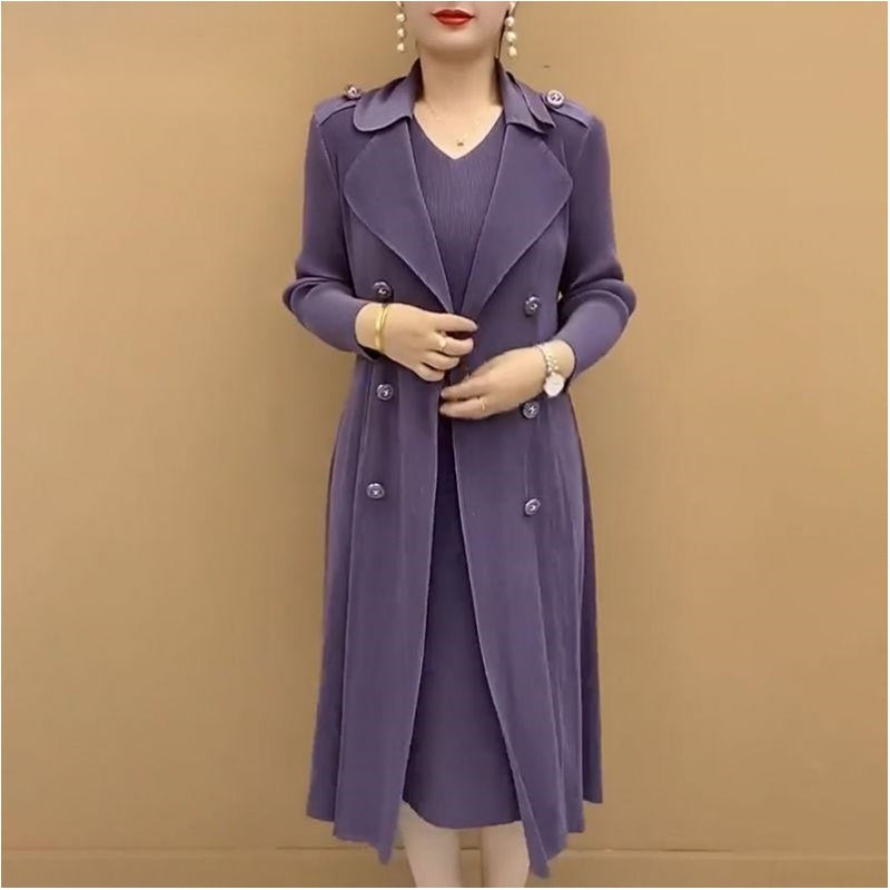 Moda costum plisat Faux guler două piese Trench Coat