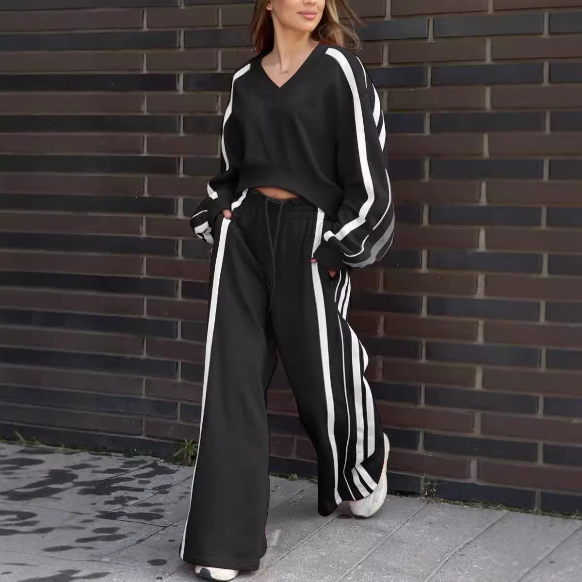 💕 Set top cu decolteu în V + pantaloni largi