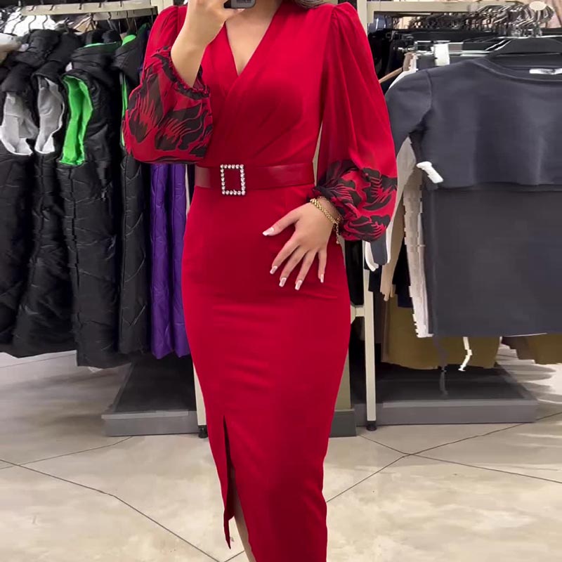 Rochie elegantă roșie de damă cu decolteu în V