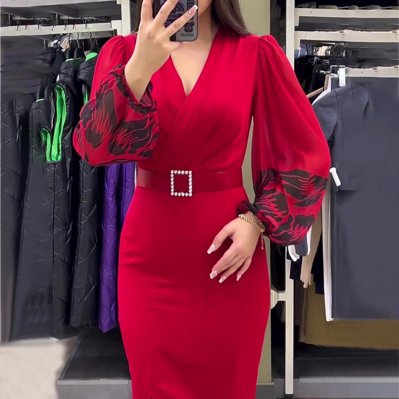 Rochie elegantă roșie de damă cu decolteu în V