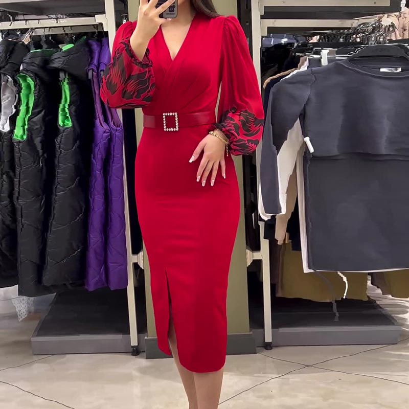 Rochie elegantă roșie de damă cu decolteu în V