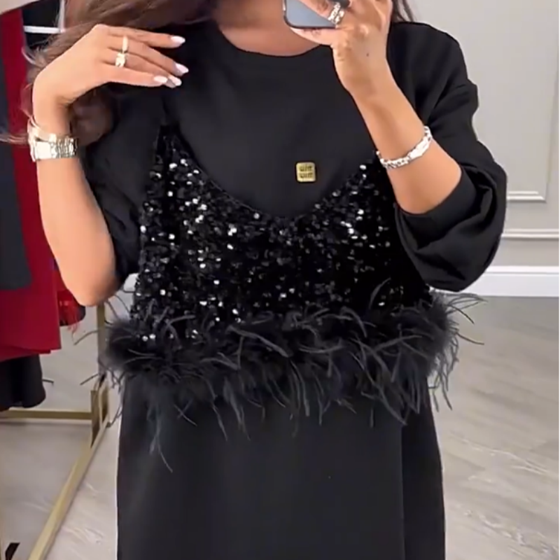 Rochie de dama la moda din doua piese cu paiete negre