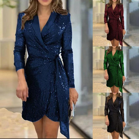 Rochie de modă sexy cu paiete în talie solidă pentru doamnă