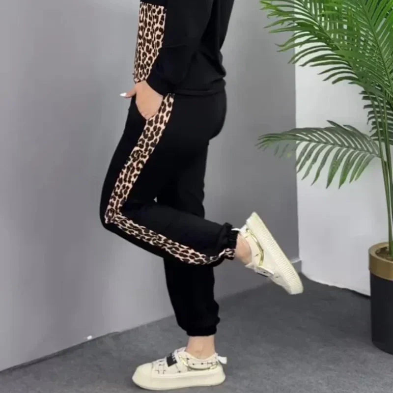 Leopard Print Casual Patchwork Sweatshirt Set din două piese