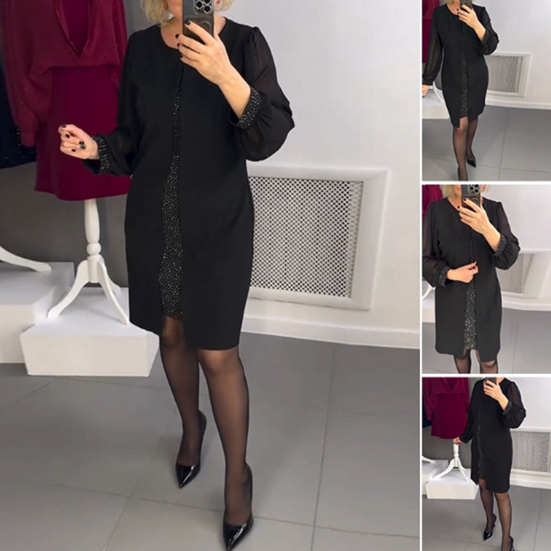 Rochie midi neagră cu decor cu pietre prețioase