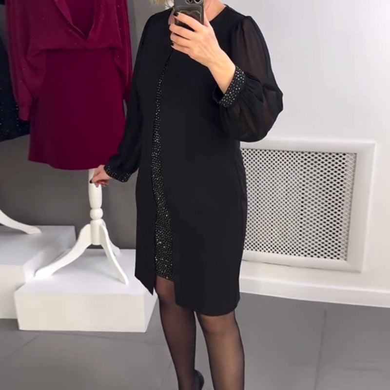 Rochie midi neagră cu decor cu pietre prețioase