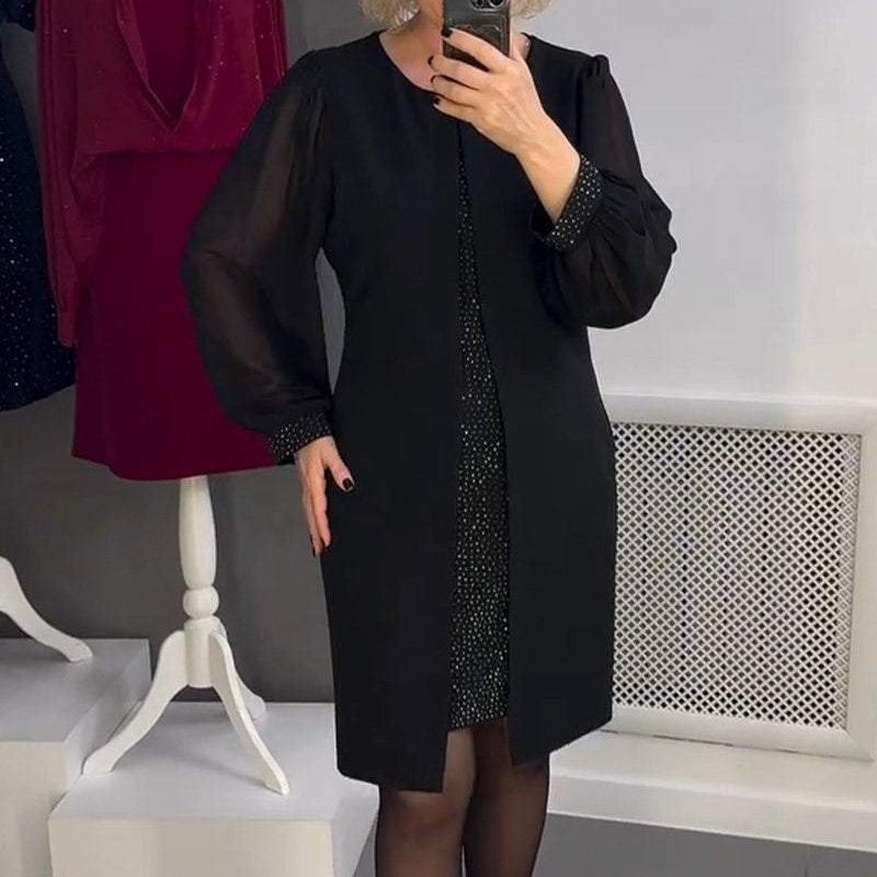 Rochie midi neagră cu decor cu pietre prețioase