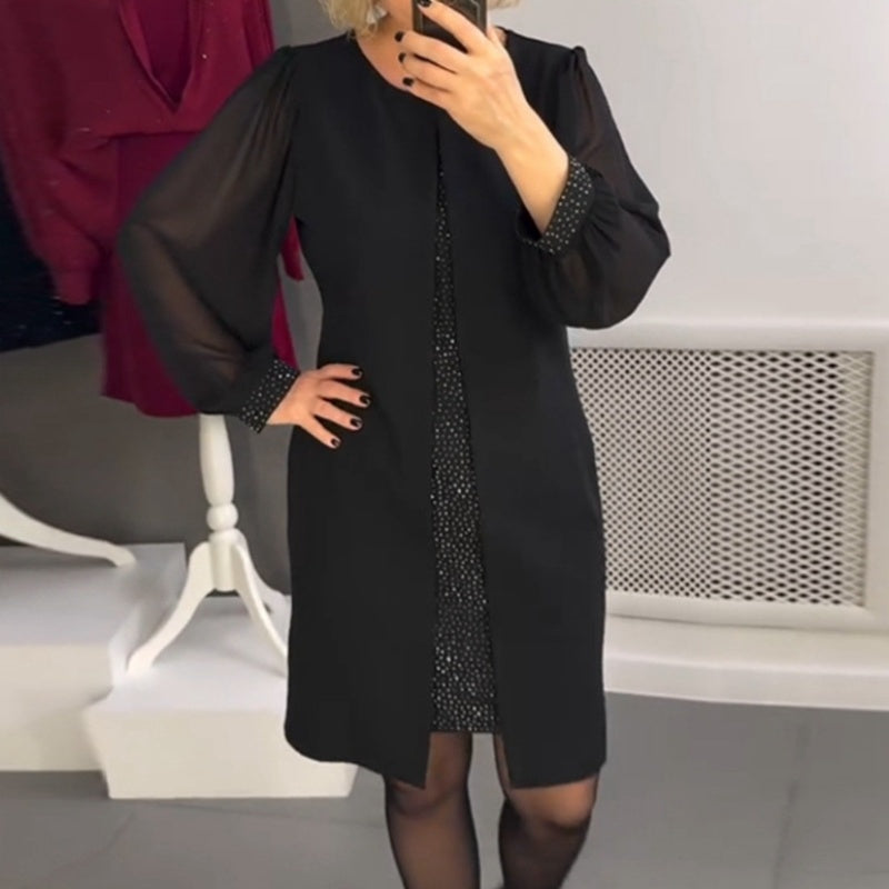 Rochie midi neagră cu decor cu pietre prețioase