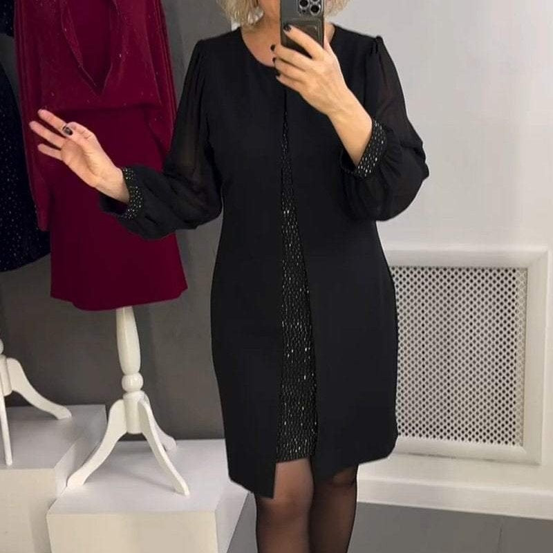 Rochie midi neagră cu decor cu pietre prețioase